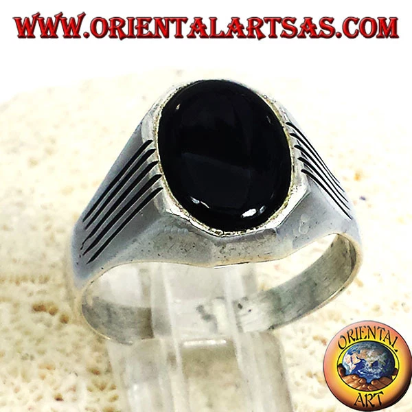 Anello da uomo Con Righi In Argento 925 ‰ Con Onice Ovale - Immagine 1 di 1