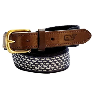 Vineyard Vines Belt Boys Kids Leather Blue Classic Whale Canvas Brass Buckle 26" - Picture 1 of 14