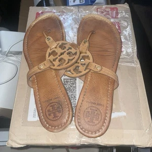 Tory Burch Miller Sandals Tan Leather Thong Flip Flops Logo – Size 8 - Picture 1 of 2