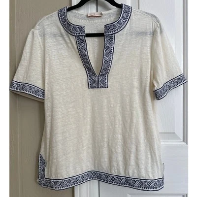 Top túnica Tory Burch bordado de lino azul marfil bohemio informal Foto 1 de 4