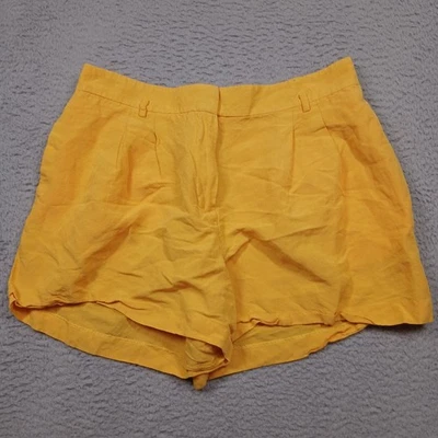 Shorts Ann Taylor Petite 12P mistura de linho amarelo cintura alta plissado elegante - Imagem 1 de 4
