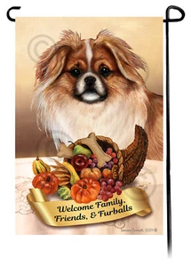 Thanksgiving Garden Flag - Red Sable and White Tibetan Spaniel 135A - Picture 1 of 1