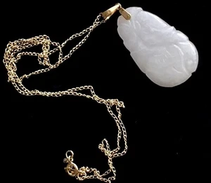 14k Yellow Gold White Jadeite Oval Carved Pendant 18” Necklace 5.6g Vintage 585 - Picture 1 of 24