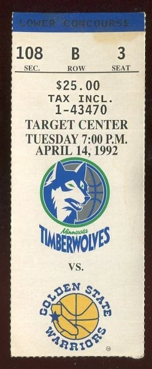 Ticket Basketball Minnesota Timberwolves 1991 - 92 4/14 Golden State Warriors - Image 1 of 1