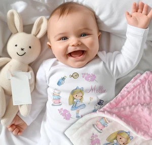 Personalised baby set of 4 outfit, Alice in wonderland romper blanket set - Picture 1 of 3