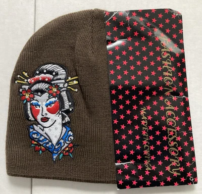 DON ED HARDY BROWN BEANIE CAP GEISHA JAPANESE EMBROIDERED RHINESTONES VTG Y2K - Image 1 of 4