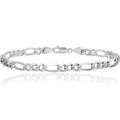 14K Solid White Gold 3mm Flat Figaro Link Chain Bracelet - Image 1 of 4