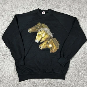 Sudadera De Colección Años 90 Gráfica Caballo Jerzees Hecha en EE. UU. Negra Cuello Redondo Para Hombre’s L - Imagen 1 de 6