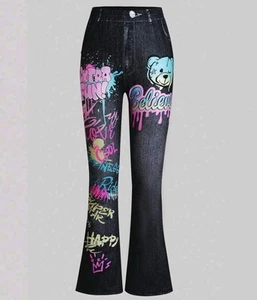 Girls Leggings with Graffiti Print Non Denim Flare Leg - Picture 1 of 6