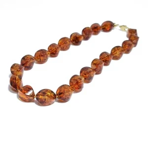 Cognac Amber Twisted Olive Beads Necklace 14k Gold Plated - Picture 1 of 3