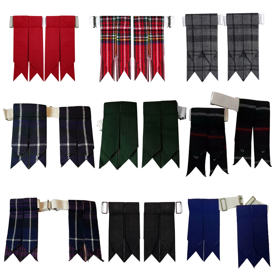 S.UK Scottish Kilt Hose Sock Flashes Garters Pointed Various Tartans Highland Wear