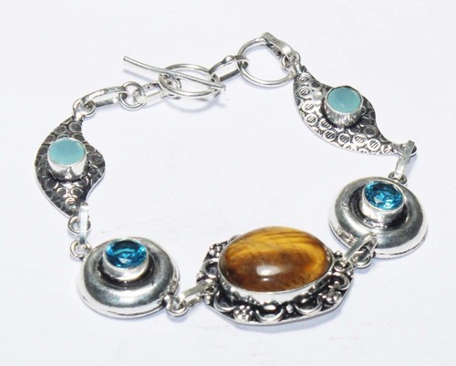 VALENTINO Occhio di Tigre Topazio Calci Gemma Braccialetto Fatto a Mano Gioielli Misura 8 Pollici