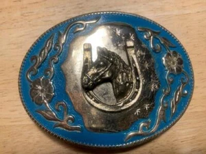 Vintage Horse Head and Horseshoe Belt Buckle 2 1/2" x 3 1/2" - Picture 1 of 2