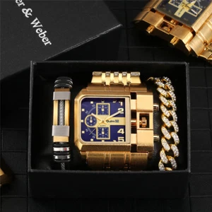 Oulm Gold Men Watch Stainless Steel Big Dial Quartz Wristwatch Bracelet Gift Set - Picture 1 of 18