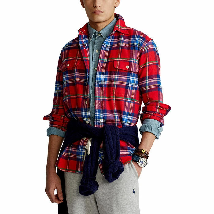 Ralph Lauren POLO Classic Fit L/S Flannel Shirt Red Blue Plaid Men's L Large