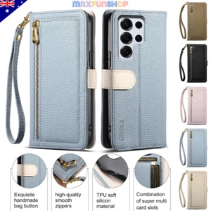 For Samsung S25 Edge S24 S23 Ultra Plus FE Case Leather Wallet Flip Zipper Cover - Picture 1 of 14