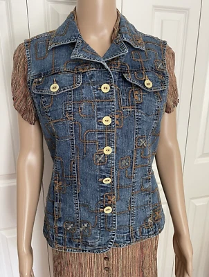 Ruby Rd. Chaleco Chaqueta Jean 12 Azul Denim Marrón Geométrico Bordado, Bolsillos Foto 1 de 4