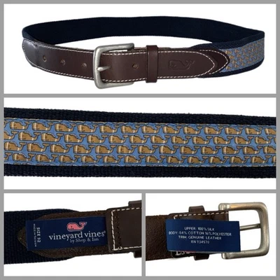 Cinto de couro de lona Vineyard Vines futebol baleia tamanho 32 masculino azul marrom YGI X5-71 - Imagem 1 de 4