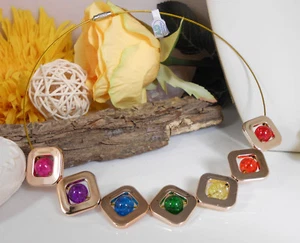 TREND COLLIER in Gold - BUNT CRACKLE GLAS Perlen in Rahmen  / Edelstahl Halsreif - Bild 1 von 3