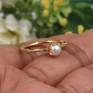 Natural Pearl Dainty Boho Ring 18k Yellow Gold Plated Engagement Brass Ring - Picture 1 of 10