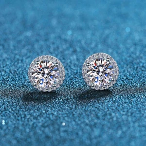 2ct D Color VVS1 Round Moissanite Halo Stud Earrings S925 Silver Platinum Plated - Picture 1 of 9