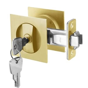 Pocket Door Lock with Key Brushed Gold Pocket Door Hardware Square Door Lock ... - Picture 1 of 7