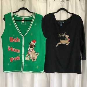 Ugly Christmas Sweaters Plus Sizes, 2 For The Price Of 1! Sparkly Rudolph & Pug - Picture 1 of 21