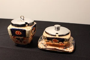 Royal Leighton England Imari Mustard Pots / Jam Jars with Metal Lids – VTG set - Bild 1 von 11