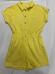 Cat & Jack Girls' Short Sleeve Denim Romper Yellow Button Up Collared XL 14 - Picture 1 of 11