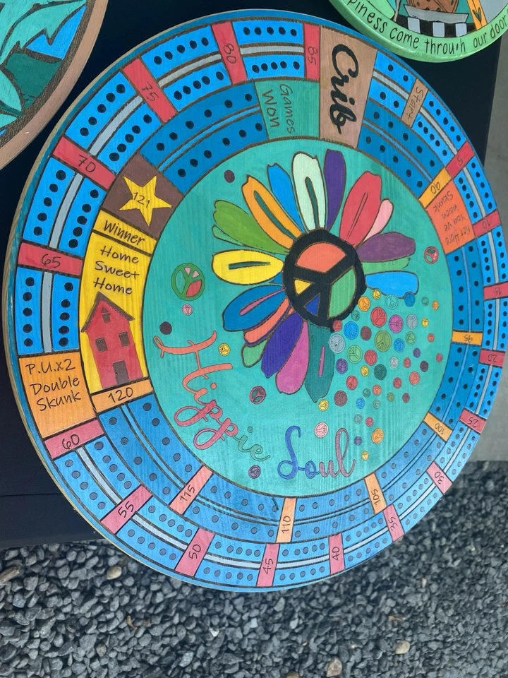 Hippy Soul Colorful Handcrafted Cribbage Board with Peace Sign - Изображение 1 из 3