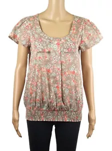 Nuevo torso floral de manga corta para mujer beige y rosa algodón arco blusa de verano - Imagen 1 de 4