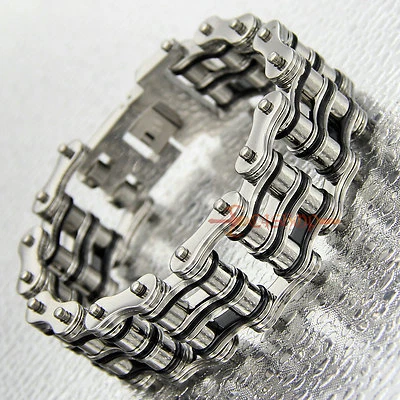 Pulsera de acero inoxidable con cadena de motocicleta para hombre ancha pesada plateada/negra 8,9" Foto 1 de 4