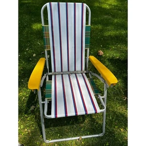 Vintage Aluminum Folding Lawn Chair Webbed Yellow ARMS red white blue #1 - Picture 1 of 12
