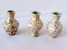Lot of 3 Miniature Cloisonne Enamel Vases Brass Pink Flower Floral 2"