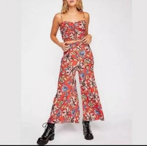 Free People Red Blue Floral Wide Leg Flowy Casual Pants Size 4 - Picture 1 of 8
