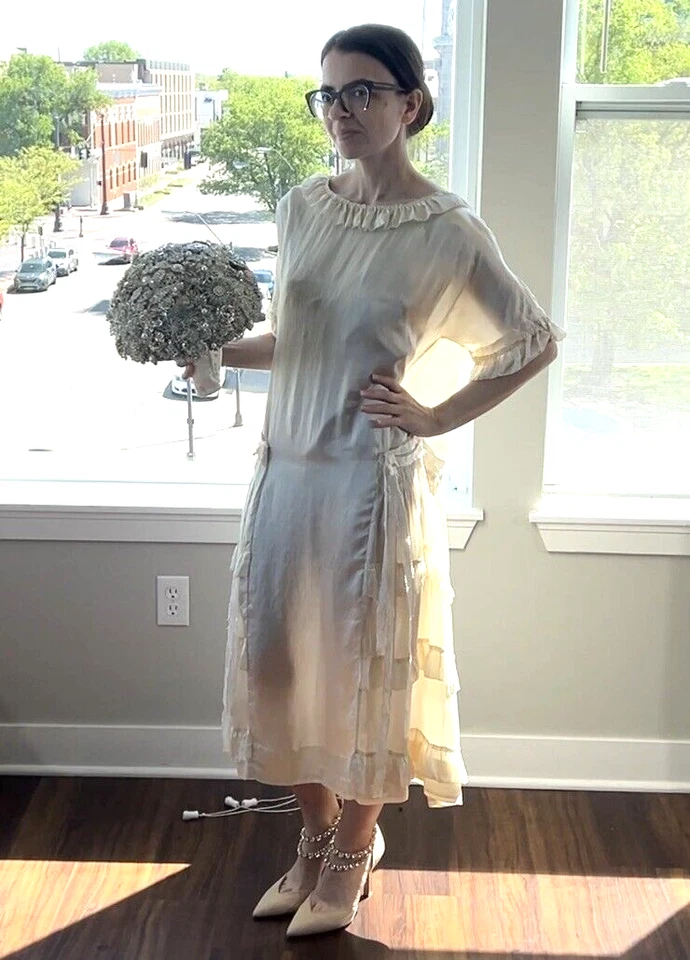 Vestido de novia vintage años 20 cremoso crudo cintura caída seda satinado aleta volantes M/L Foto 1 de 4