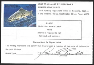 USA 1993 INDIANA Fishing License for RESIDENT Revenue Trout Stamp #44 - Picture 1 of 2