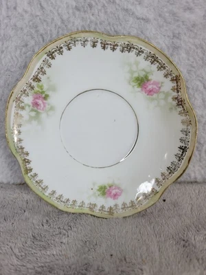 "Plato platillo RS Prussia Demitasse rosas rosadas borde dorado borde verde festoneado 4""" Foto 1 de 3