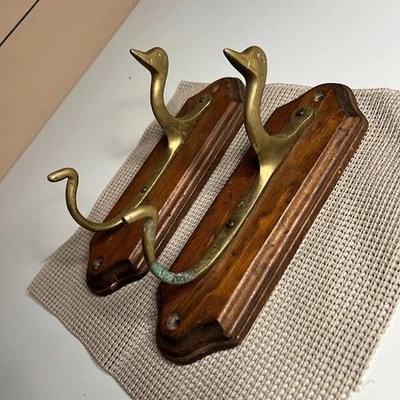 Vintage Brass Duck Head Wall Hooks Pair on Wood Mount Rustic Lodge Decor 10" - Image 1 of 4