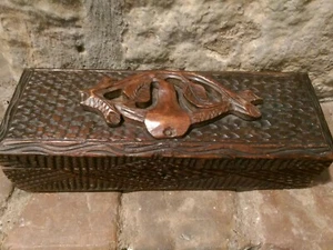 Antique 1800s Black Forest Ware Storage Box with Hand Carved Wooden Pear, Leaves - Picture 1 of 12