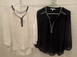 Two DR2 Long Sleeve SemiSheer V-Neck Tassel BoHo Blouse Shirt Top White Navy M - Picture 1 of 12