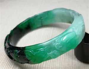 Bracciale Giada 62mm Antico Ghiaccio Naturale Verde Giadeite Intagliato a Mano - Foto 1 di 12