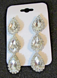 Dangle Silver Tone Clear Tear Drop Oval Rhinestone Earrings Pierced 2 1/4" - Picture 1 of 4