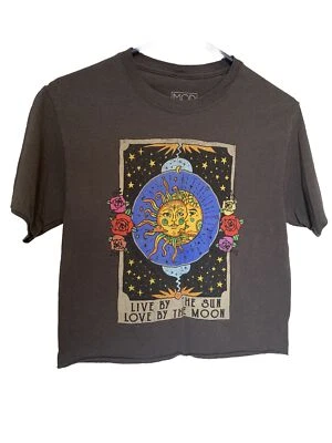 Camiseta Moderna Lux Sol y Luna y Estrellas Gris Talla S Mujer Recortada Dobladillo Crudo Rosa Foto 1 de 4