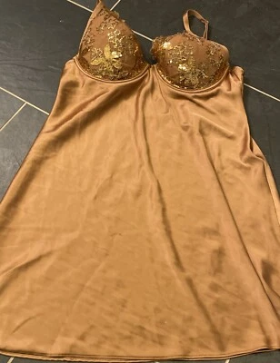 Vestido slip vintage Victoria's Secret dourado lantejoulas babydoll camisola tamanho XL - Imagem 1 de 4
