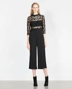 Zara Jumpsuit Size Small Black Lace High Neck Long Sleeve Cropped Leg
