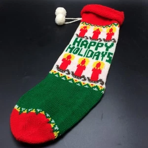 Vtg Knit 17" Christmas Stocking Happy Holidays Candles Red Green White Pom Poms - Picture 1 of 5