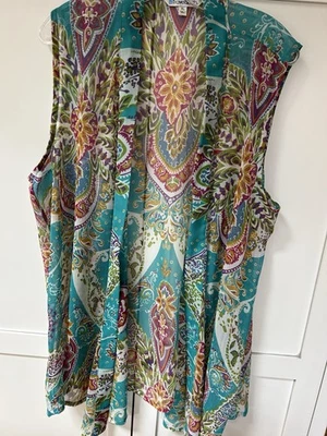 TravelSmith Kimono/Colete Semitransparente Excelente Estado Usado Extra Grande Azul-petróleo com Padrão Floral Multicolorido - Imagem 1 de 4
