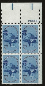 US Scott #1155, Plate Block #26680 1960 Handicapped 4c FVF MNH Upper Right - Picture 1 of 1