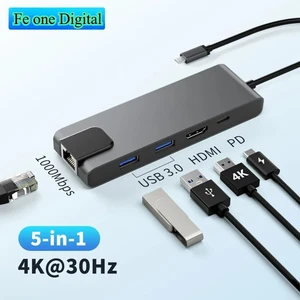 5-in-1 USB Hub docking station USB C to RJ45 Gigabit Ethernet 4K HDMI Multiports - Picture 1 of 11
